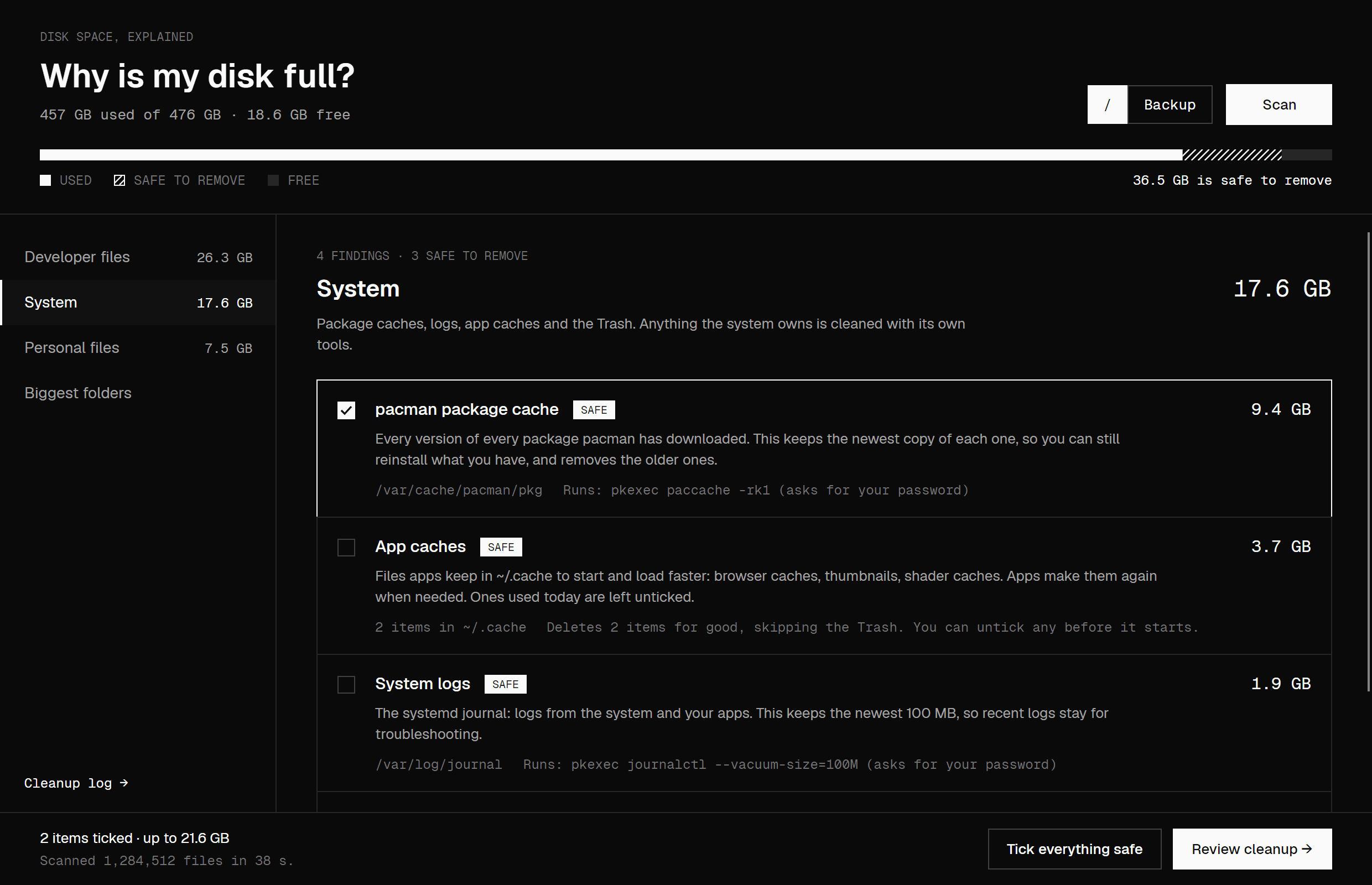 Ebb on Linux: the System page with the pacman cache, app caches and system logs