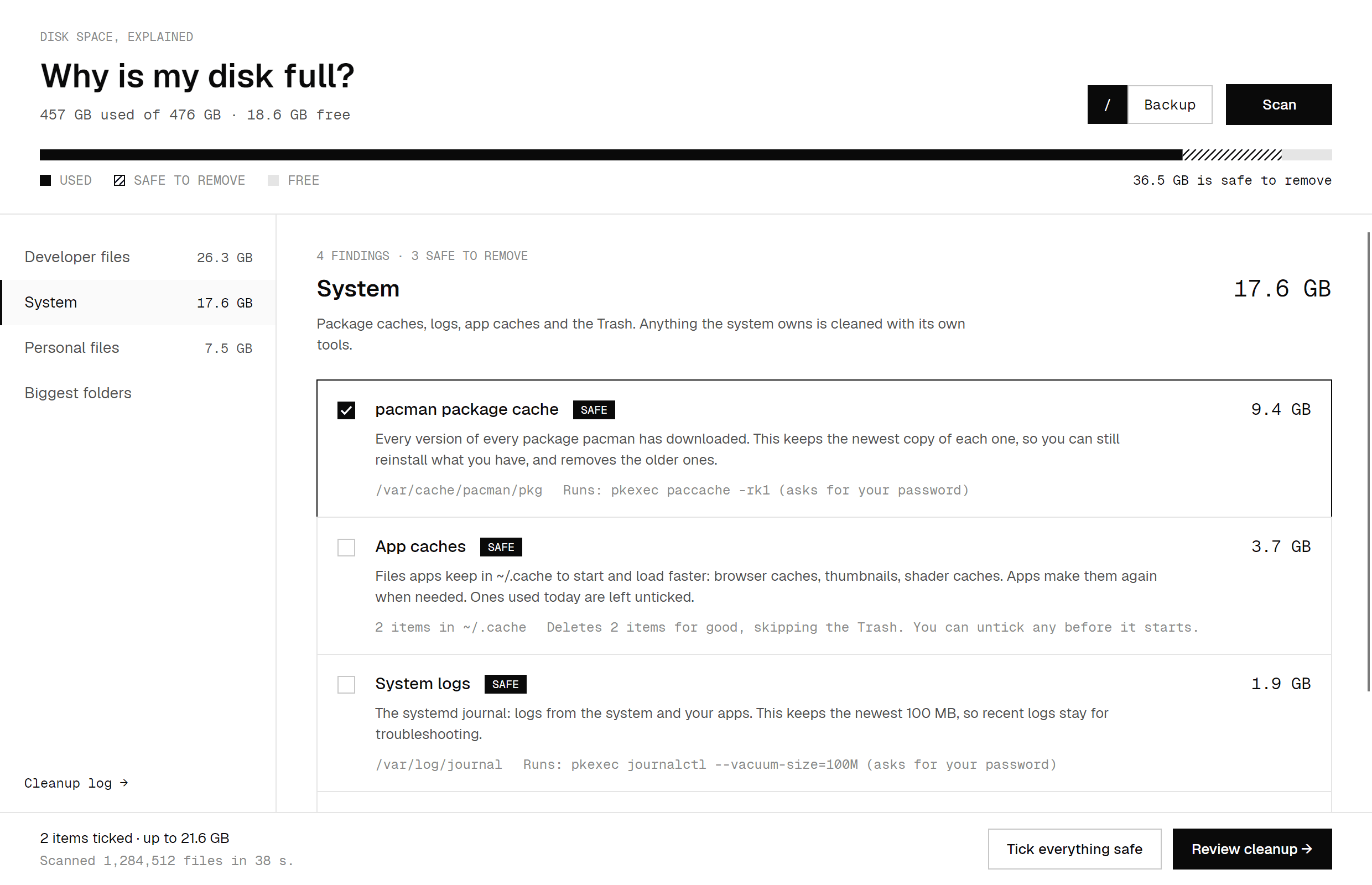 Ebb on Linux: the System page with the pacman cache, app caches and system logs