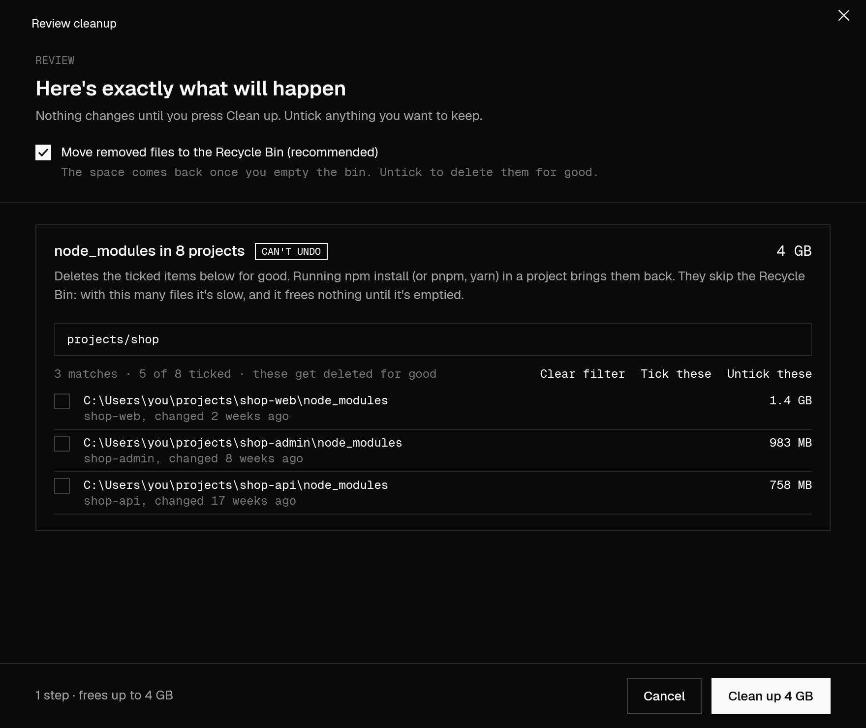 The review window: a filter narrows node_modules to three projects, all unticked