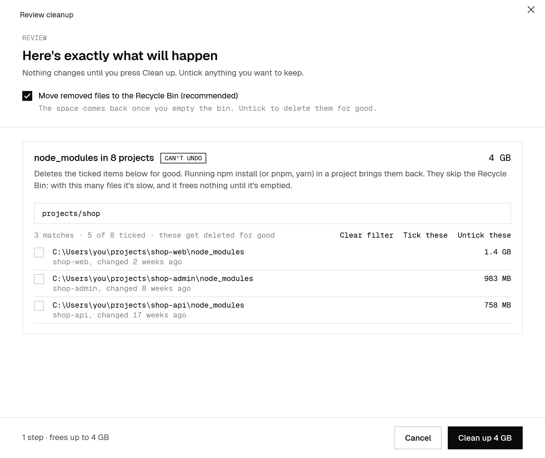 The review window: a filter narrows node_modules to three projects, all unticked